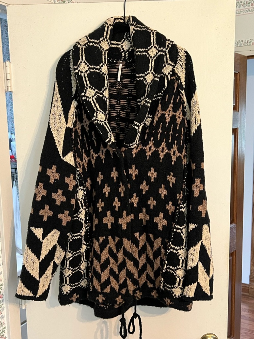 Free People Black, Cream & Brown Patterned Shawl Collar Cardigan
